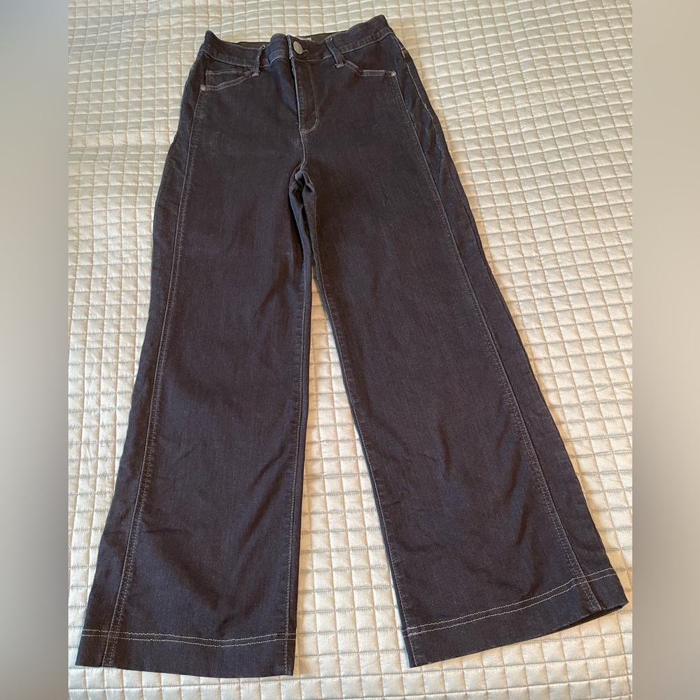 Jeans, dark denim, wide leg, high wasted. Wit and Wisdom. Stretchy.